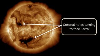 image showing the sun and two distinct large coronal hole that will soon be facing earth and could fuel auroras over the weekend.