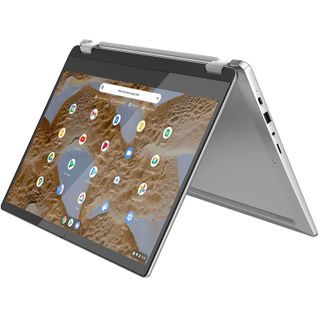 Lenovo IdeaPad Flex 3 Chromebook in tent mode on a white background