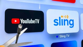 A coaxial cord being cut in front of the logos of YouTube TV and Sling TV