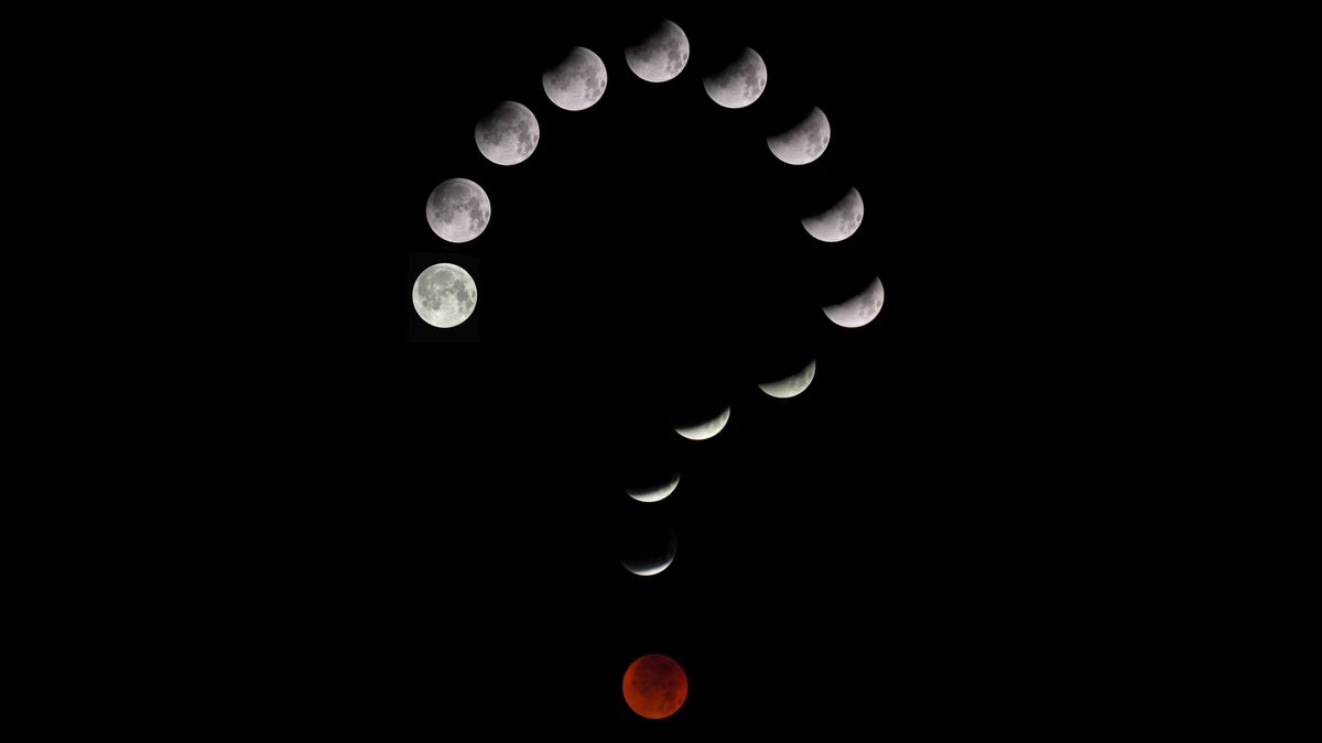 lunar eclipses are made up of several stages. here they are arranged in a question mark shape.