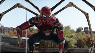 A still of Spider-Man wearing a metal suit during the movie Spider-Man: No Way Home.