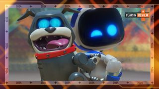 Year In Review 2024: Astro Bot winks towards the camera with a rocket-powered dog on his back