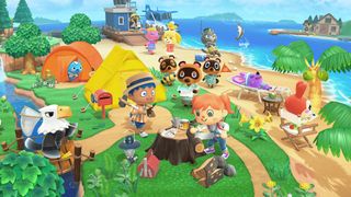 A villager and a bunch of cute animals in one of the best games like The Sims 4, Animal Crossing: New Horizons.