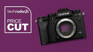 Fujifilm X-T5 on a purple background with price cut text overlay