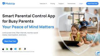 The Mobicip home page, displaying two children on a tablet outlined by a protective shield, with text describing key features and the types of operating systems and devices the parental control app can support.