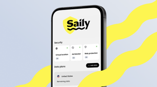 Saily eSIM new features (virtual location, ad-blocker, and web protection) on a smartphone screen – promo image