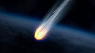 graphic illustration of a meteor traveling through space, it is glowing orange and has a long white tail streaking out from it. 