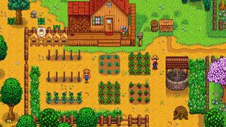 Stardew Valley screenshot of a typical farm setup, with vegetable patches, a well, and a farmhouse.