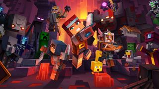 Minecraft Dungeons key art, which shows various characters charging towards the screen