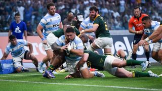 Argentina's Joel Sclavi scores a try against South Africa in their 2024 Rugby Championship match in Santiago del Estero. 