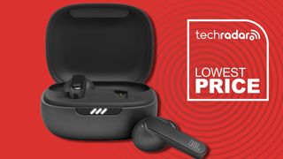 JBL Live Pro 2 in black on red background with TR&#039;s Lowest Price badge