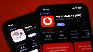 Vodafone Three merger concept image showing the Three and Vodafone apps displayed on smartphones side by side.