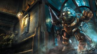 Bioshock screenshot showing a mechanical enemy with a drill for an arm