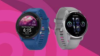 Bästa Garmin-klocka Garmin Venu 2 och Forerunner 265 mot en rosa TechRadar-bakgrund.