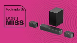 Ultimea Poseidon D50 soundbar, subwoofer and rear speakers on magenta background with the words 'TechRadar: Don't Miss' positioned on the left side of the image