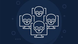 Botnet concept image showing multiple computers with skull symbols on screen.