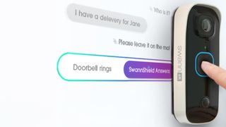 SwannBuddy4K video doorbell with illustration showing possible AI-generated responses to queries