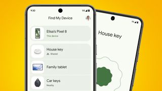 Two Android phones on a yellow background showing Google&#039;s new Find My Device network