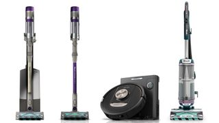 Left to right: Shark PowerDetect cordless vacuum with Auto-Empty Base, same model without the base, PowerDetect Robot Vacuum, and PowerDetect Upright vacuum