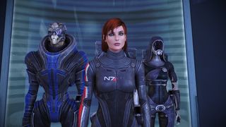 Mass Effect Legendary Edition screenshot of Garrus, Captain Shepard, and Tali.