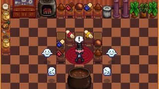 Haunted Chocolatier screenshot showing the player with an exclamation mark over their head. They are surrounded by chocolates, and ghosts