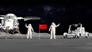 Two astroanuts in white spacesuits stand on either side of a red flag, standing in the center on the moon's surface. On the left, a moon lander with two circular solar panels. On the right, a moon rover.