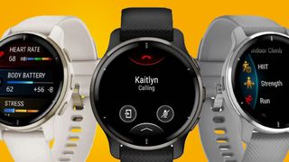 Three Garmin Venu 2 smartwatches on an orange background