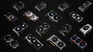 Muchas tarjetas gráficas RTX 3050 dispuestas sobre un fondo negro