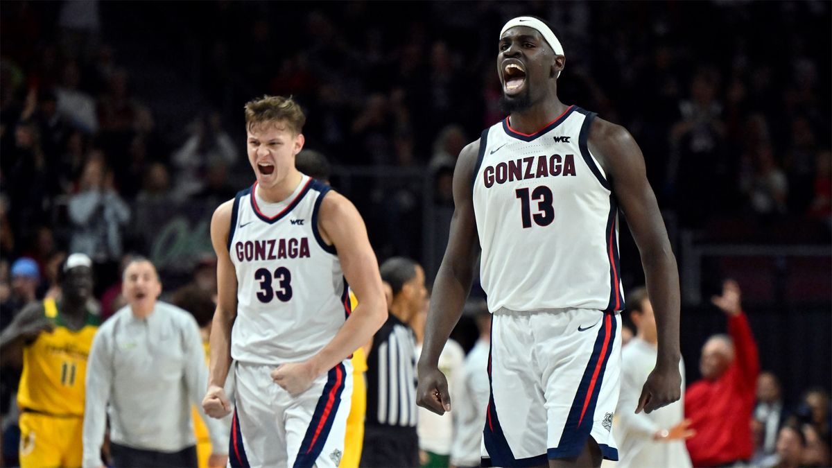 Ben Gregg and Graham Ike celebrate for Gonzaga against San Francisco Dons.