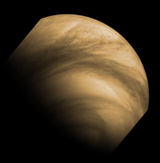 This false-color image of cloud features seen on Venus by the Venus Monitoring Camera (VMC) on the European Space Agency's Venus Express. The image was captured from a distance of 30,000 km on December 8, 2011.