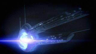 a two-pronged ship with a source of glowing energy at its hub