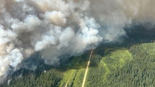 An aerial photo of a massive cloud of smoke over a forest