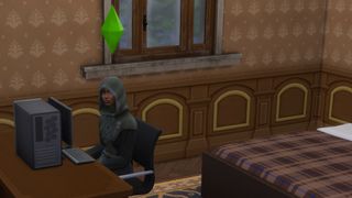 A Sim in a reaper costume sits at a computer in The Sims 4