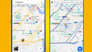 Two phones on a yellow background showing the Google Maps color change