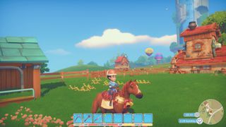 A player riding a horse in one of the best games like The Sims 4, My Time at Portia.