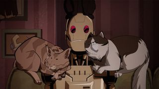 GI Robot sitting on a couch with cats climbing on him