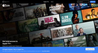 The Apple TV Plus homepage featuring some of their biggest titles like Slow Horses, Silo, Severance and Disclaimer