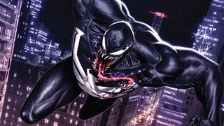 Best Venom comics: Venom swings into action above a cityscape.