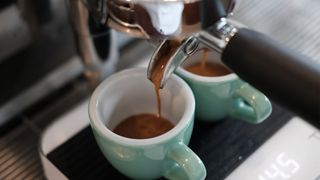 A close-up of the portafilter on espresso machine as coffee drips from it into a cup