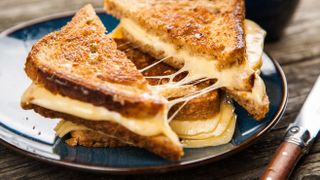 A grilled cheese on a plate next to a butter knife