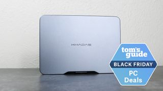 The Khadas Mind mini PC upright on a desk with a Tom's Guide Black Friday deals badge