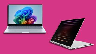 two silver laptops against a pink background