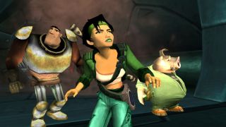 Jade looks intensely at something off-camera while flanked by friends Pey'j (a pig man) and Double H (a bulky man in armor) in Beyond Good and Evil