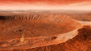 A dust devil dances across a crater eroded by gullies in Noachis Terra, Mars. The gullies are thought to have been eroded by liquid water flowing on Mars in geologically recent times.