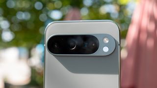 The shiny side rails and raised camera bar of the Hazel Google Pixel 9 Pro XL