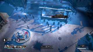 Zoomed out view of Wasteland 3 gameplay in Icy town square.