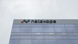 Netskope logo and branding pictured on front of a building in Santa Clara, California.