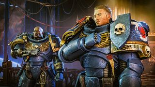 Two space marines from Space Marine 2 salute