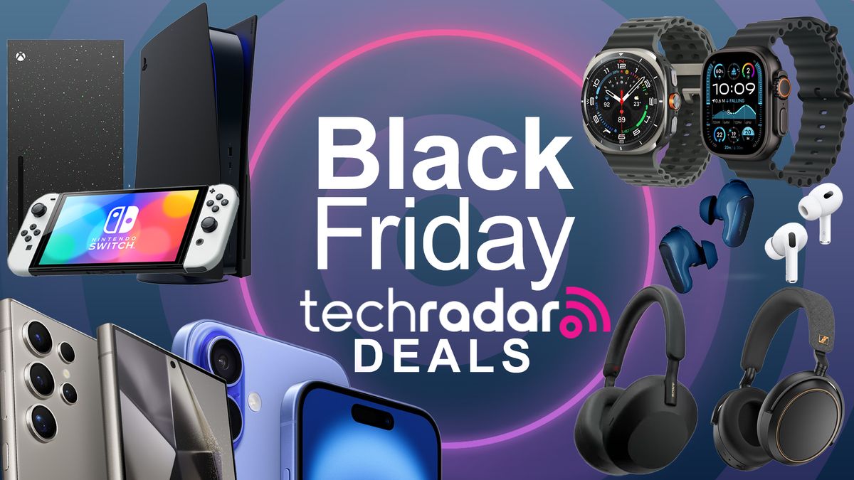 A selection of tech products on a dark blue background. In the centre is a logo reading &#039;Black Friday TechRadar deals&#039; in white.