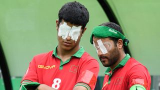 Morocco&#039;s Mhammed Daoudi (R) and Zouhair Snisla are pictured ahead of the Blind Football at Paralympics 2024